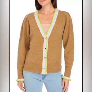 Crown & Ivy Tan Cardigan with Funky Pastel Trim